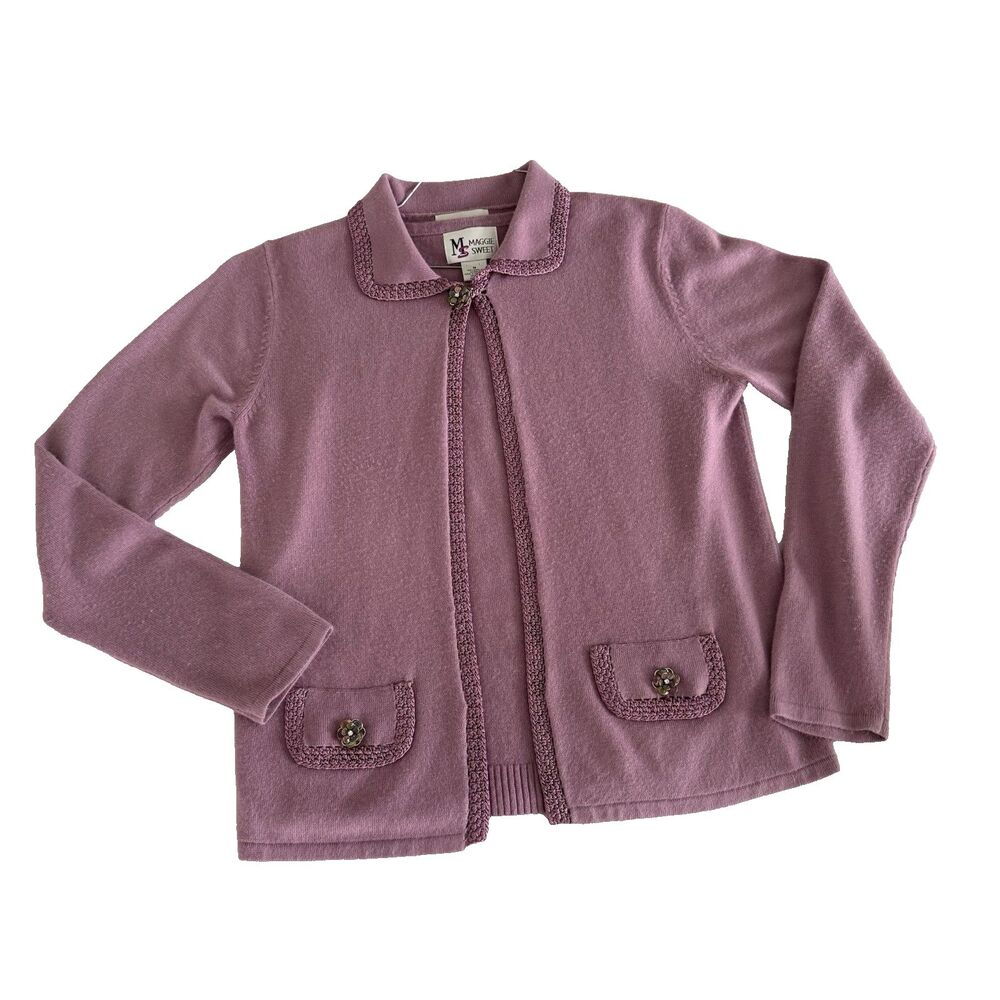 Vtg Maggie Sweet M Acrylic Bling Crochet Soft Open Cardigan Sweater Set Purple